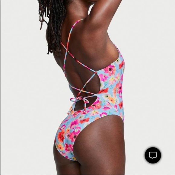 VICTORIAS SECRET ONE PIECE STRAPPY SWIM SUIT BLUE FLORAL SIZE XL Open Back - Picture 2 of 9